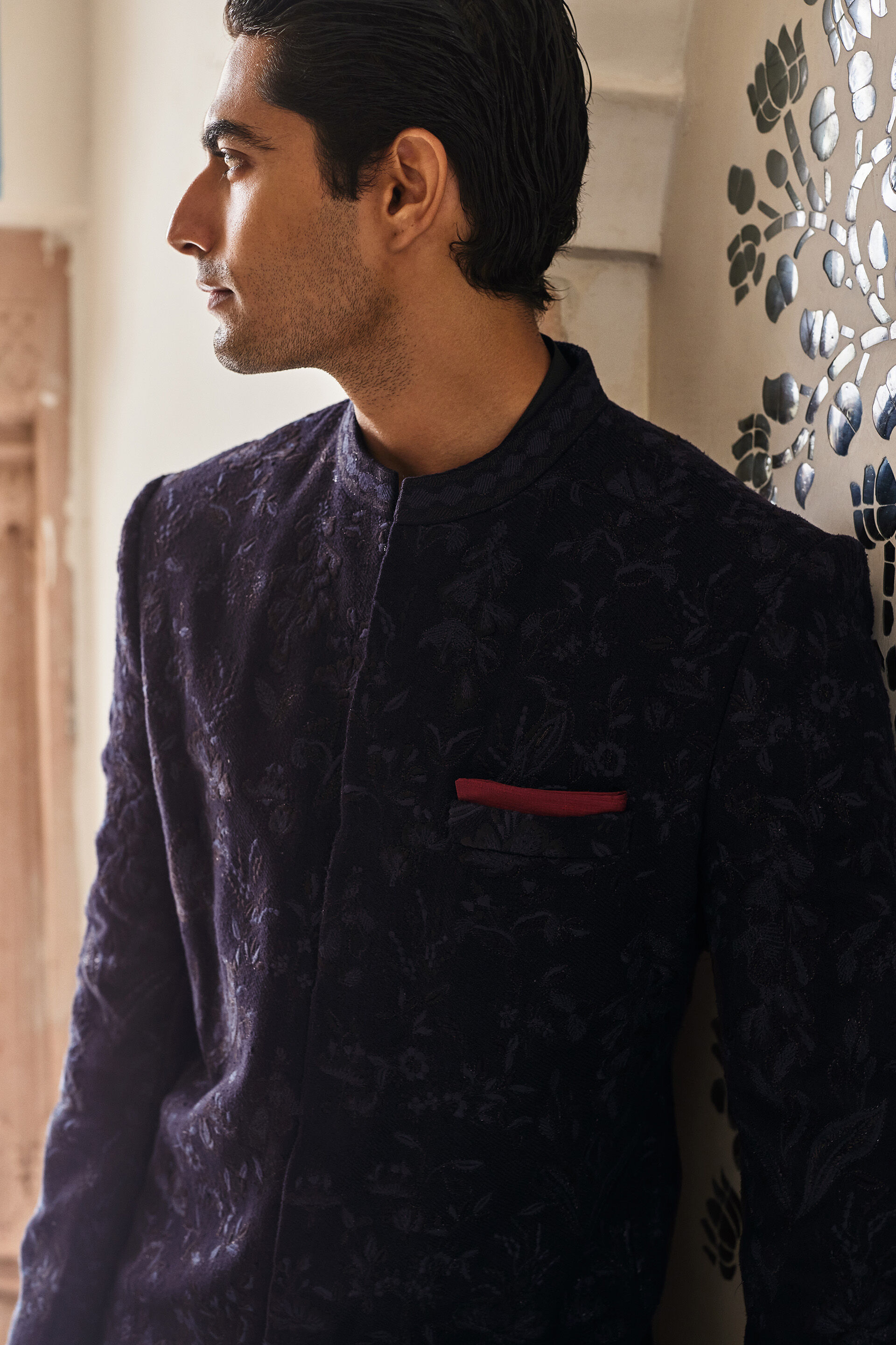 Nishay Embroidered Silk Bandhgala - Navy, Navy, image 4